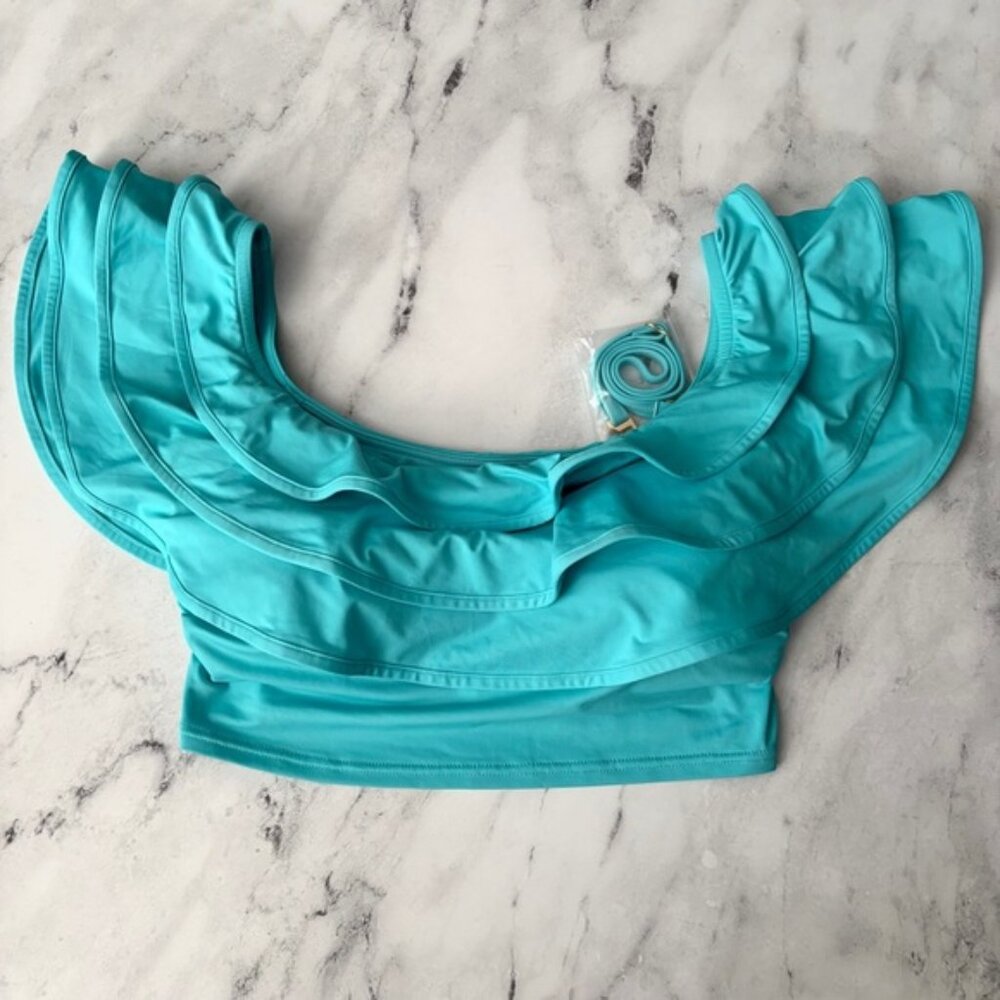 NWT Kate Spade Ruffle River Blue Off Shoulder Wireless Ruffle Swim Bikini Top S - Picture 3 of 5